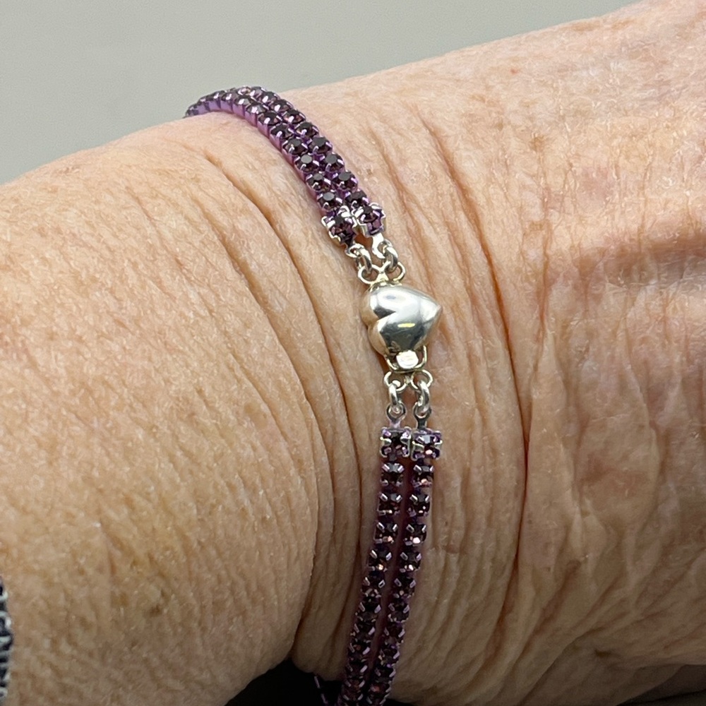 Elegant Handmade Amethyst Crystal Double Bracelet -Sterling Silver Heart Clasp